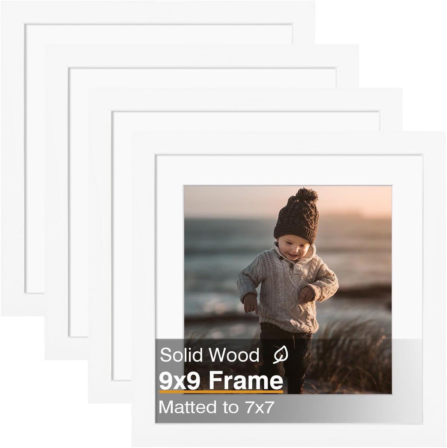 KINLINK 9x9 Picture Frame, White Square Solid Wood Frames for Pictures 7x7 with Mat or 9x9 without Mat, Wall and Tabletop Display Photo Frames White 4 Pack