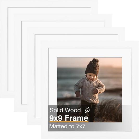 KINLINK 9x9 Picture Frame, White Square Solid Wood Frames for Pictures 7x7 with Mat or 9x9 without Mat, Wall and Tabletop Display Photo Frames White 4 Pack
