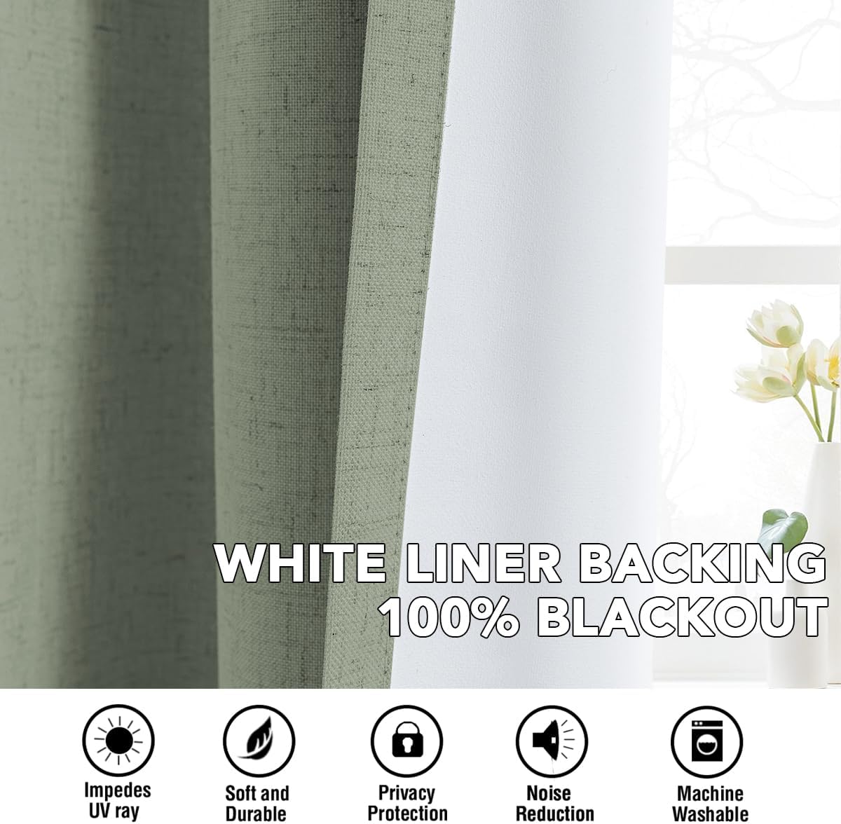 H.VERSAILTEX Linen Curtains 100% Blackout Curtains for Bedroom 63 inch Long Full Light Blocking Nature Linen Blended Window Curtains for Living Room Nickel Grommet (2 Panels, Heathered Dried Sage)