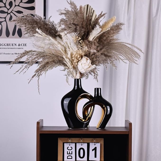 Black and Gold Hollow Ceramic Vase Set of 2, Modern Nordic Boho ins Style Aesthetic Decorative Flower Vase for Home Decor, Wedding, Living, Bedroom, Dining Table, Shelf, Mantle, Office Decor