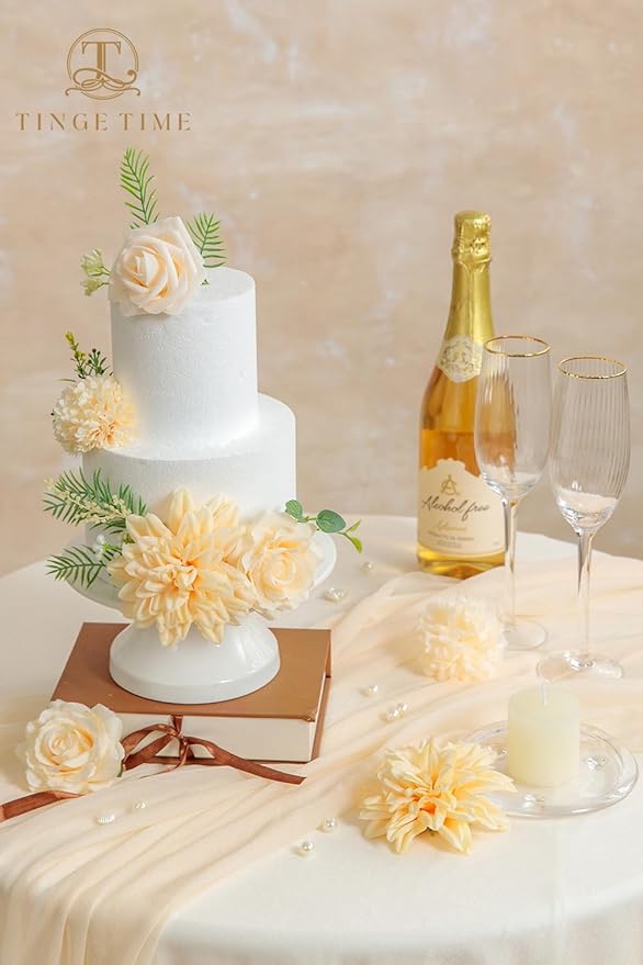 TINGE TIME Champagne Artificial Flowers, Fake Flower Leaf with Stems for DIY Champagne Wedding Bouquets Table Centerpieces Baby Shower Home Party Floral Arrangements Decorations