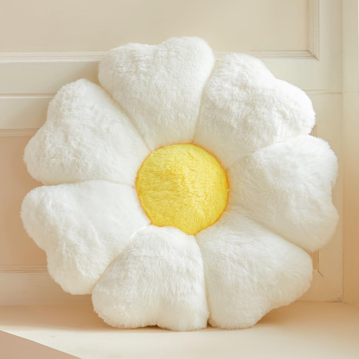Flower Pillow, White Daisy Flower Decorative Pillows for Bed, Cute 19.6" Flower Shaped Pillow with Soft Faux Rabbit Fur Dorm Home Decor Floor Seating Cushion