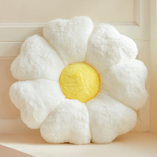 Flower Pillow, White Daisy Flower Decorative Pillows for Bed, Cute 19.6" Flower Shaped Pillow with Soft Faux Rabbit Fur Dorm Home Decor Floor Seating Cushion