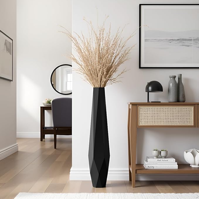 Tall Vases - 27.5" Tall Floor Vase for Home Decor, Resin Floor Vase with Handmade Dimensional Geometric Style, Fits Into Hay/Pampas Grass, Boho Living Room Decor (Black)