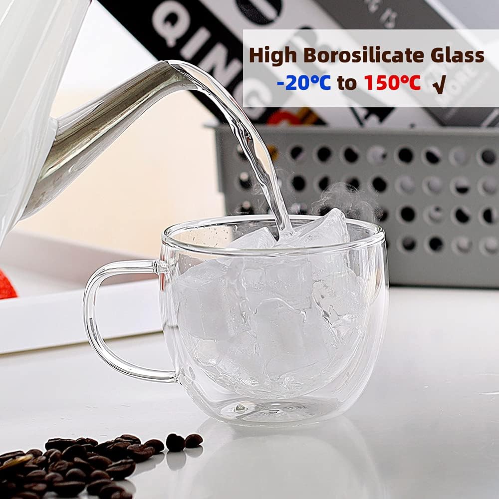 CNGLASS 8oz Double Wall Glass Coffee Mugs,Clear Insulated Espresso Glass Mugs with Handle for Latte,Cappuccino,Coffee,Set of 4