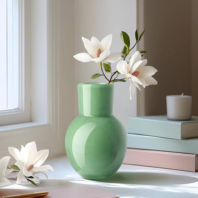 Torre & Tagus 6" Mouth Blown Art Glass Vase for Flowers - Opaque Green Small Table Vase & Handmade Small Green Accent for Boho Home Decor, Neutral Bud Vases as Decorative Shelf Decor or Wedding