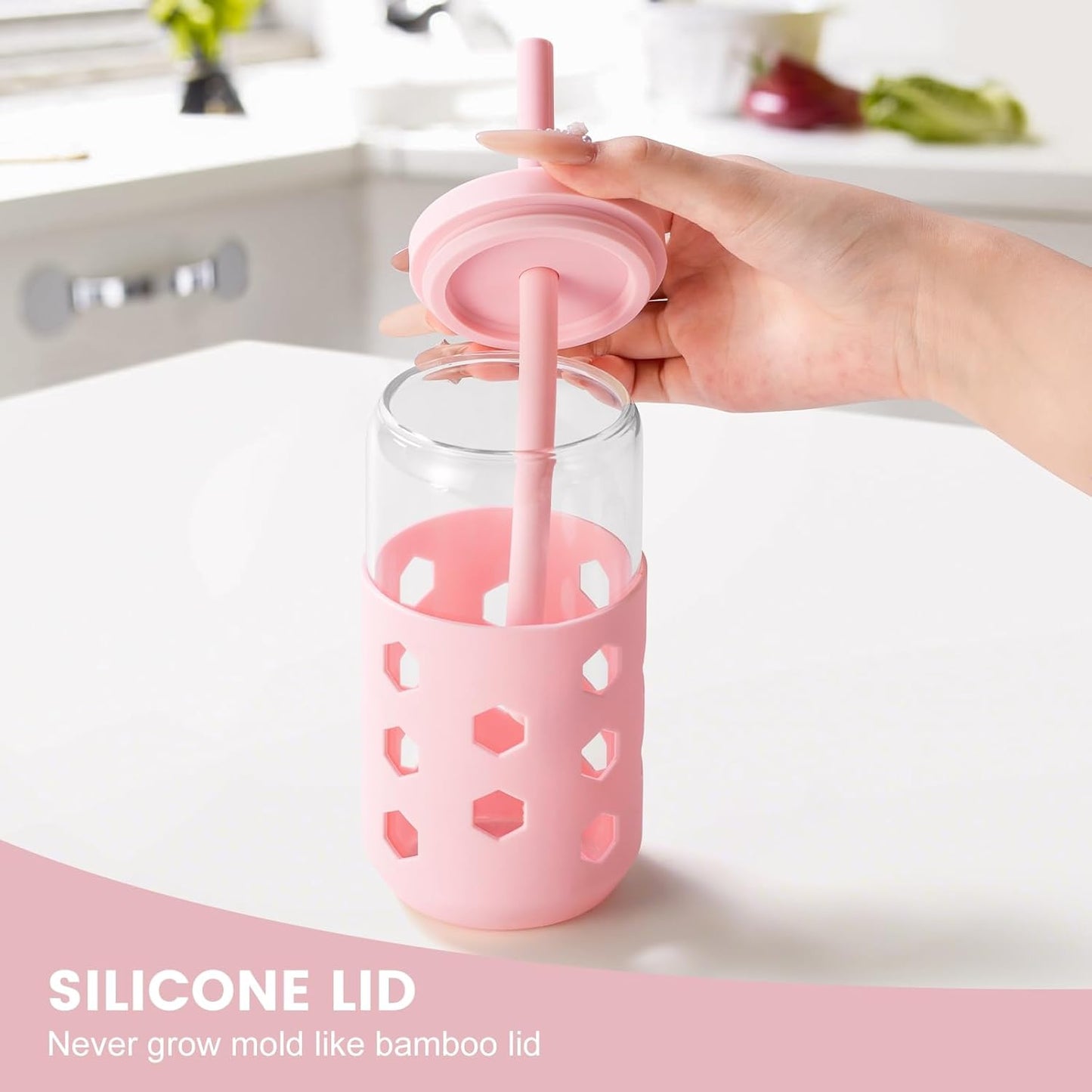 Glass Cups with Silicone Lids and Straws (4 Pcs), 16oz Drinking Glasses Set with Silicone Sleeves for Coffee Bar Accessories Iced Coffee Cups with Lids, Glass Tumbler Reusable for Gifts