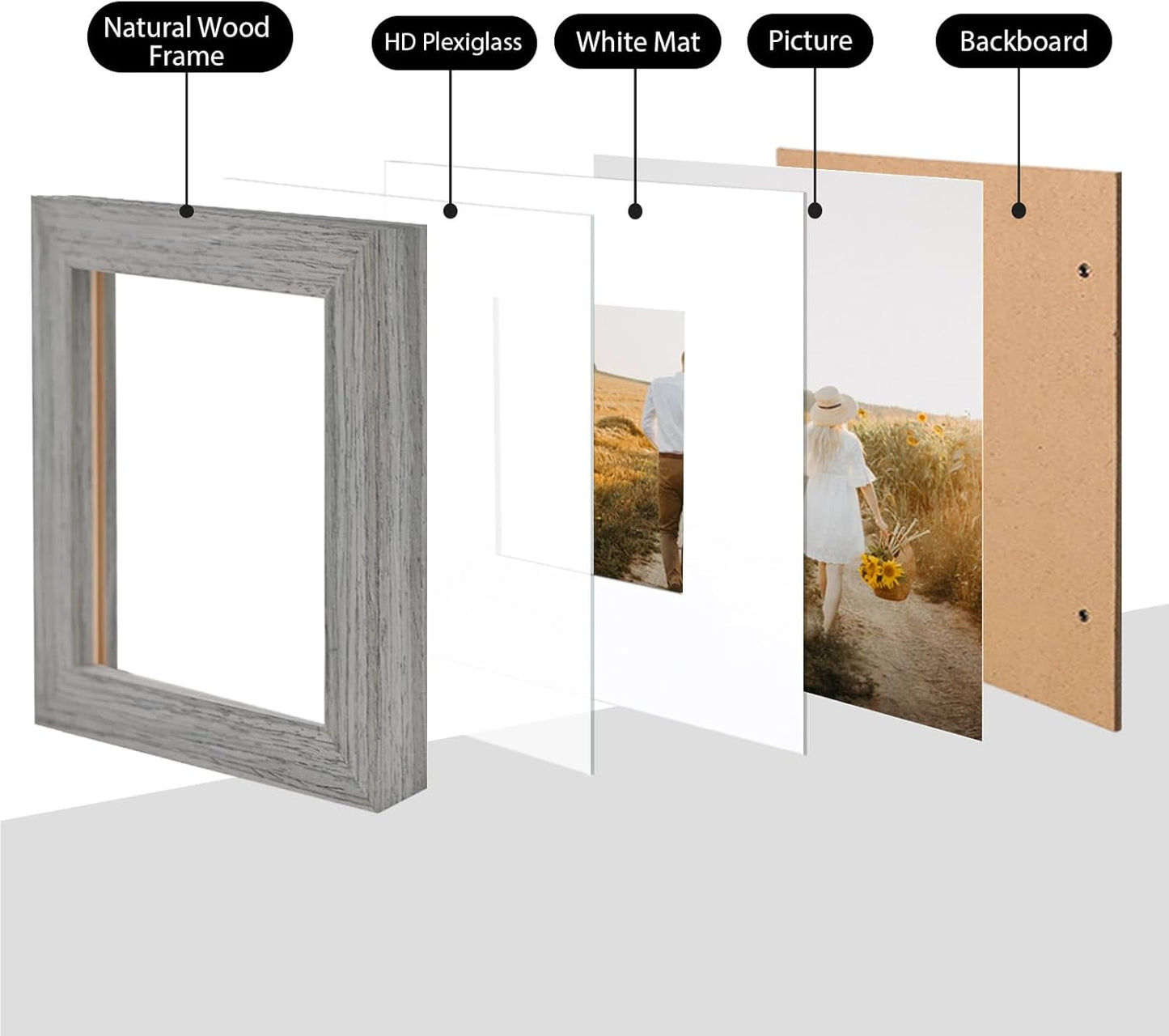 KINLINK 6x6 Picture Frame, Grey Square Solid Wood Frames for Pictures 4x4 with Mat or 6x6 without Mat, Wall and Tabletop Display Photo Frames Grey Wood 4 Pack