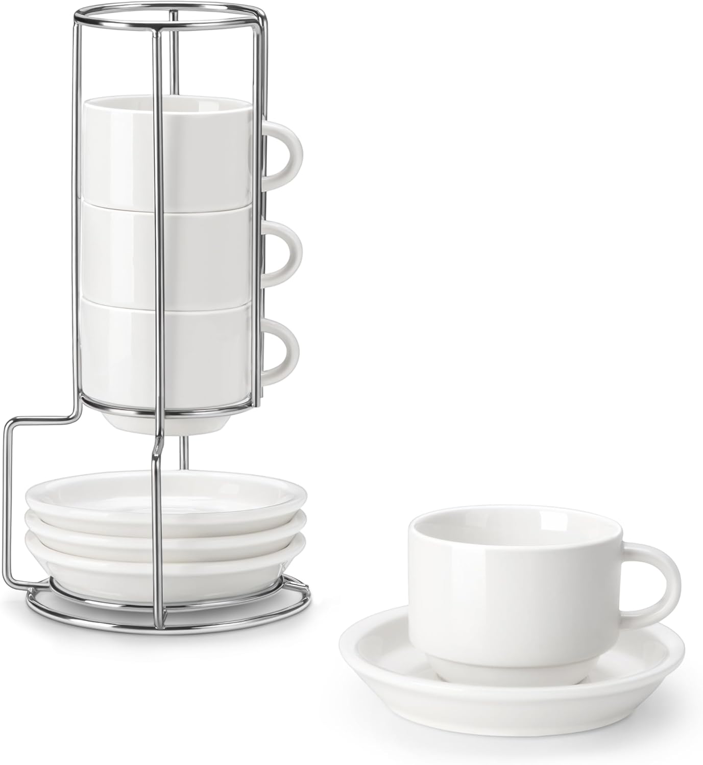 MALACASA 2.5 OZ Porcelain Espresso Cups with Saucers and Metal Stand Set of 4, Stackable Cappuccino Cups, White Expresso Shots Cup Set for Coffee Drinks, Latte, Tea