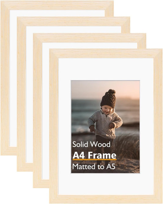 KINLINK A4 Picture Frame, White Oak Solid Wood Frames with Acrylic Plexiglass for Pictures A5 with Mat or A4 without Mat, Tabletop and Wall Display Photo Frame 4 Pack