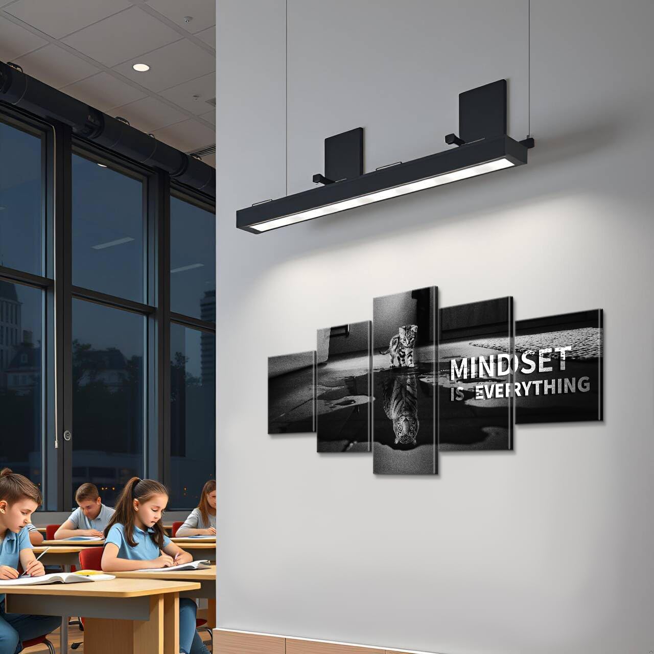 Mindset is Everything 5 Pieces Motivational Tiger Wall Art with Wooden Frame, Inspirational Quotes Poster for Office & Home Decor, Modern Motivational Wall Decor, Positive Office Art Canvas 60'' x 32''