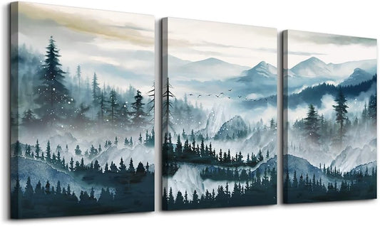MHARTK66 Framed Wall Art For Living Room Canvas Wall Decor For Bedroom Office Decoration Fog Mountain Forest Posters Landscape Wall Painting Print Pictures Artworks Ready to Hang Home Decor 3 Piece