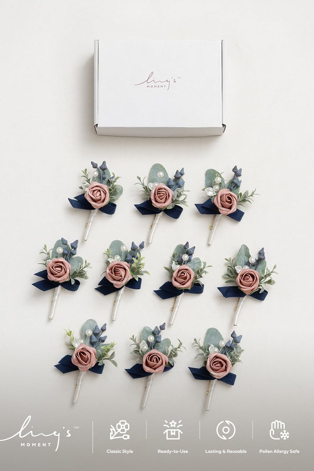 Ling's Moment Boutonniere for Men, 10pcs Groomsmen Guest Boutonniere, Artificial Flowers for Wedding Décor/Prom/Homecoming,etc.Dusty Rose Navy Blue