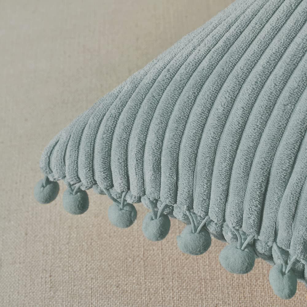 Fancy Homi Pack of 2 Farmhouse Lumbar Decorative Throw Pillow Covers with Pom-poms, Soft Corduroy Solid Rectangle Cushion Cases Set for Couch Sofa Bedroom Living Room (14x24 Inch/35x60 cm, Grey Blue)