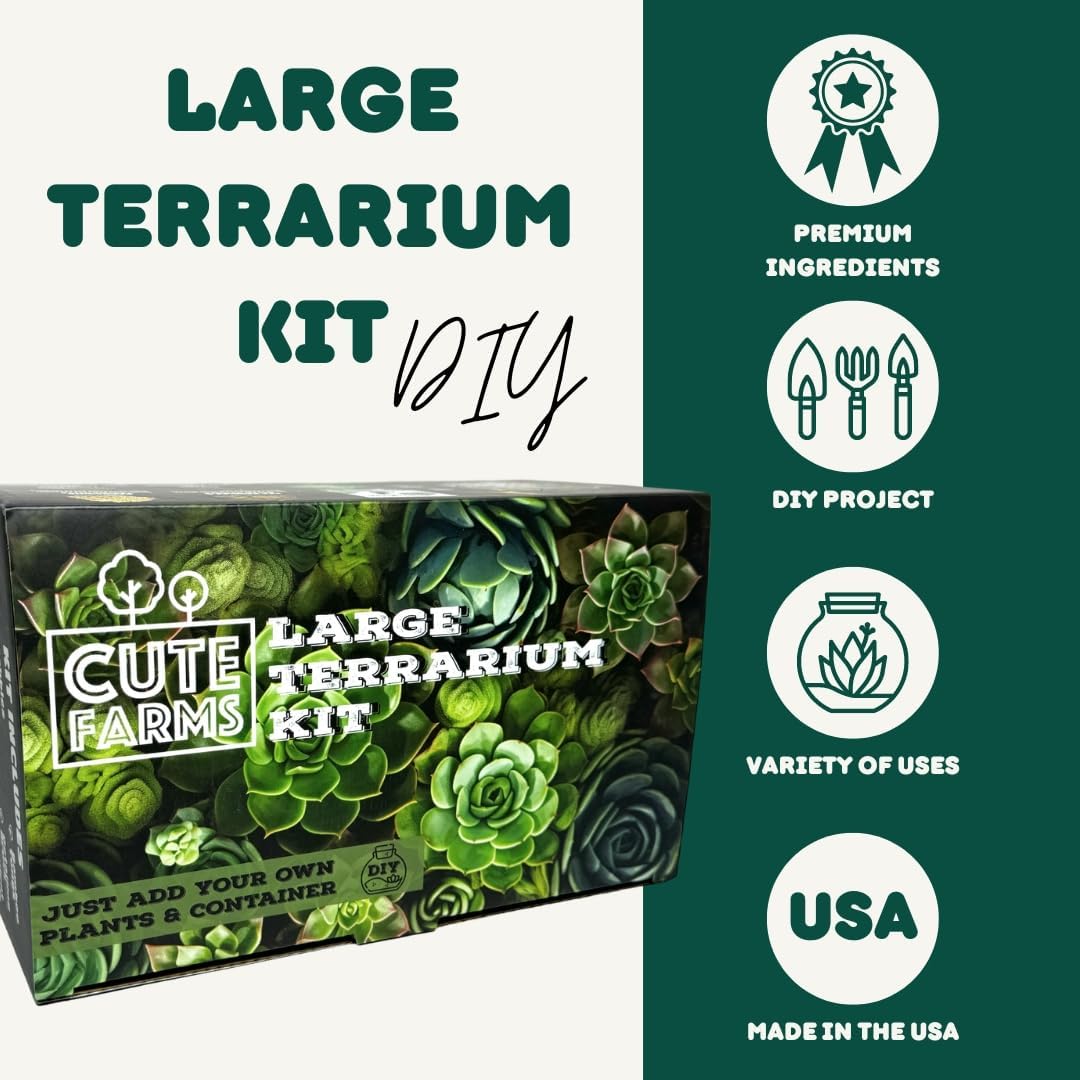 Cute Farms Terrarium Starter Kit | Moss, Vermiculite, Soil, Pebbles, Plant Food, & Finishing Tools (Large Kit + Crystals)