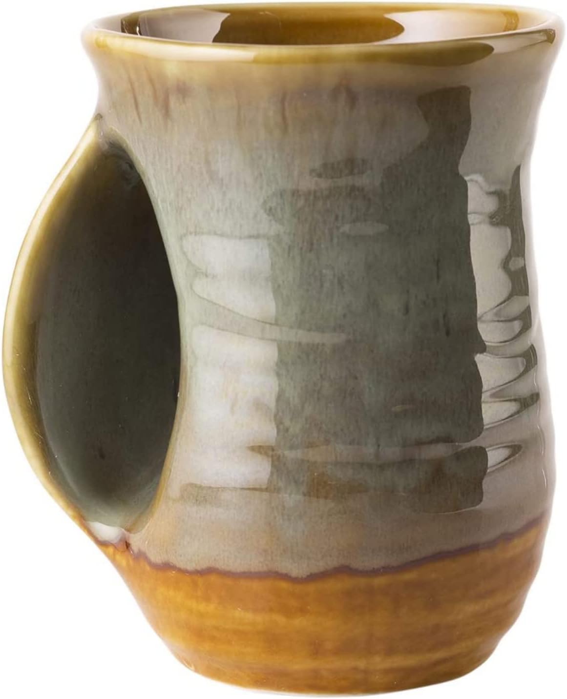 Hand Warmer Mug, Handmade Pottery Ceramic and Hand Painted - The Contoured Pocket will Hold Warmth From The Heat Of Your Drink To Keep Your Fingers Warm, Comfy Handwarmer (Desert Green) (Left hand)