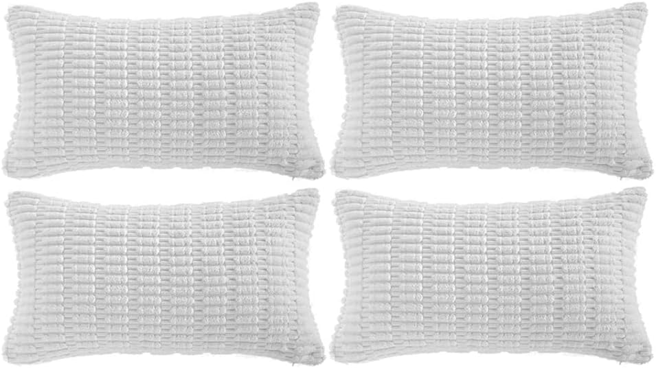 Fancy Homi 4 Packs Pure White Decorative Throw Pillow Covers 12x20 Inch for Living Room Couch Bed, Rustic Modern Farmhouse Boho Home Decor, Soft Plush Corduroy Cute Accent Square Cushion Case 30x50 cm