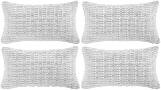 Fancy Homi 4 Packs Pure White Decorative Throw Pillow Covers 12x20 Inch for Living Room Couch Bed, Rustic Modern Farmhouse Boho Home Decor, Soft Plush Corduroy Cute Accent Square Cushion Case 30x50 cm