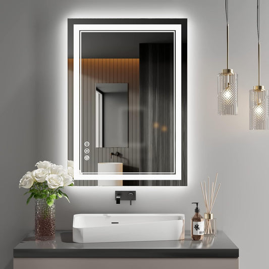 LED Mirror 20"x28" with Front and Backlit,Dimmable LED Lighted Vanity Mirror Bathrooom Wall,Memory Shatterproof Anti Fog Mirror for Bathroom