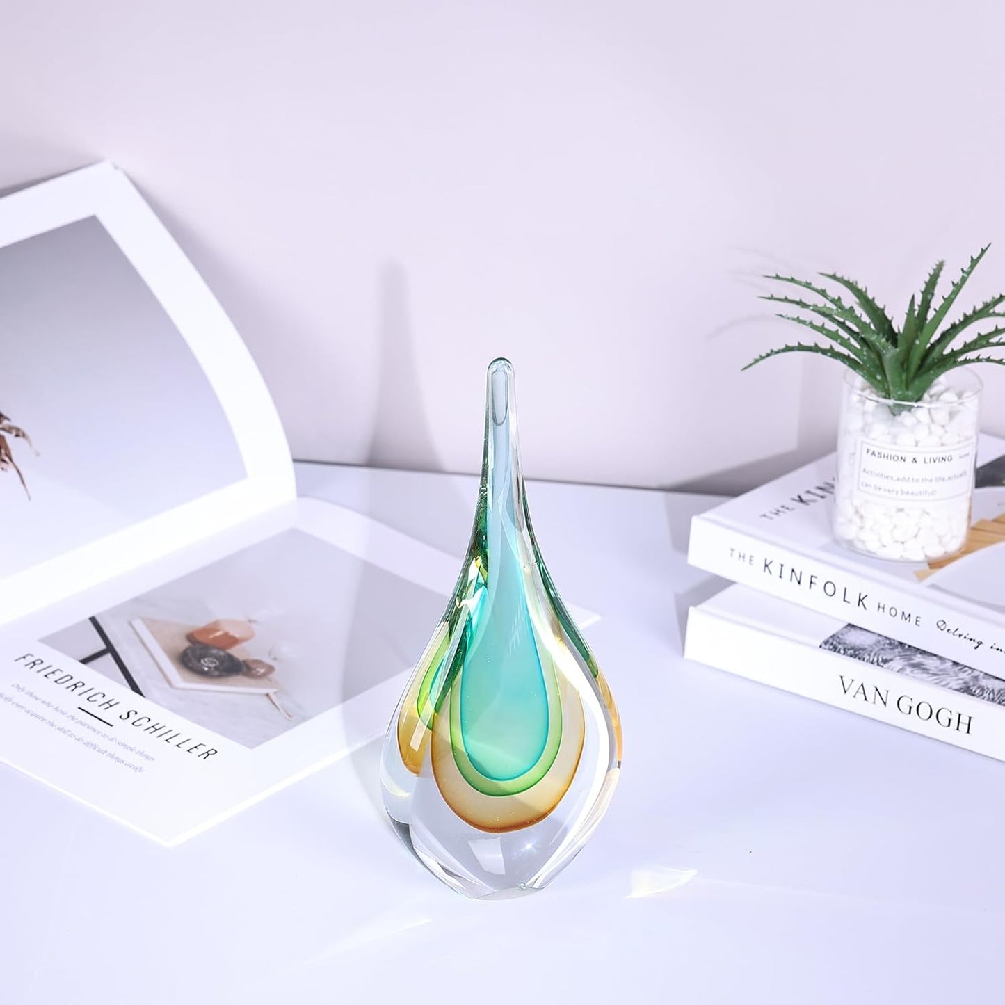 DOVDOV Blown Glass Sculpture, Light Green Glass Art Teardrop Statue, Unique Ocean Themed Decor for Office, Bookshelf, Dresser, Living Room Coffee Table, Fireplace countertop Decor.