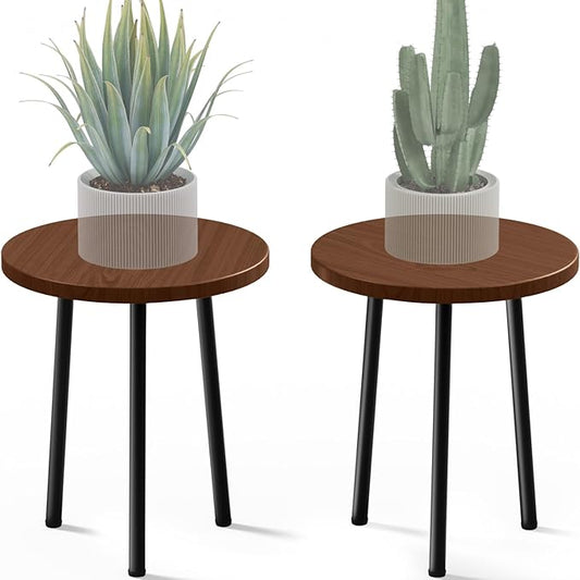 Plant Stand Indoor 2 Pack: Corner Wood 14 Inch Plant Stand Mid Century Modern Decor - Small Round Plant Table for Indoor Plants - Outdoor Plant Holder for Patio Living Room Bathroom Office (Walnut)