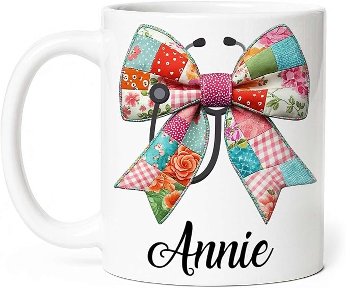 Unique Custom Name Coffee Mug 11oz 15oz, Floral Patchwork Bow White Cup, Personalized Bow with Stethoscope Ceramic Cup, Gifts for Nurses, Custom Vintage-Inspired Mug for Holiday