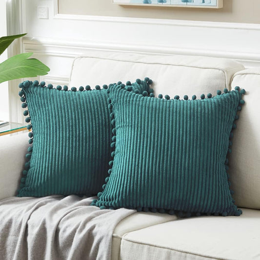 Fancy Homi 2 Packs Teal 26x26 Pillow Covers, Euro Pillow Covers with Pom-poms, Big Throw Pillow Covers for Couch Bedroom 66x66 cm