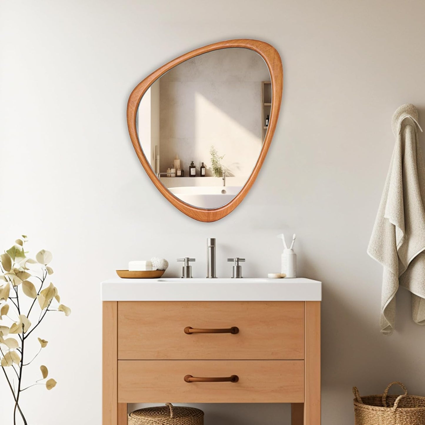 HOMECOOKIN Irregular Mirror Wall Decor, Wood Wall Mirrors Decorative for Living Room, Bedroom, Bathroom, Entryway, Wall Mounted Aesthetic Mirrors, 20" H x 25.5" W