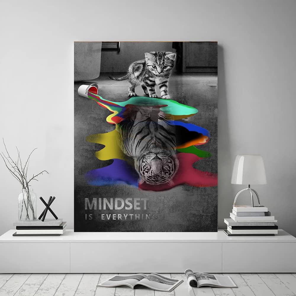 Large Mindset Is Everything Inspirational Giclee Canvas Wall Art Cute Cat and Meek Tiger Colorful Pictures Paintings HD Print Home Office Decor for Bathroom Kitchen Framed Ready to Hang-18x24 inch