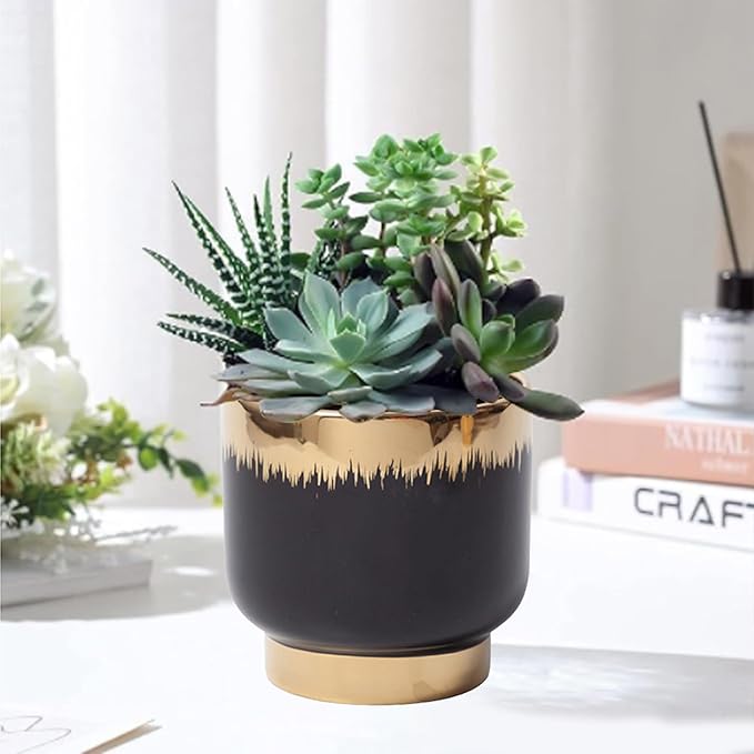 LB Black Gold Ceramic Planters for Indoor Plants, Succulent Plant Pots Ceramic Plant Pot, Modern Flower Pots for Living Room Office Home Decor, Round Flower Pot of 4.3 Inch(Plant Not Included)