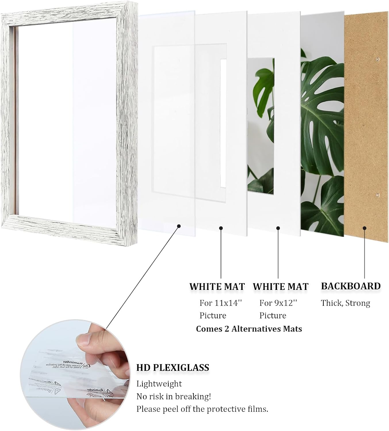 Egofine 12x16 Picture Frames Set of 4, Made of Solid Wood Covered by Plexiglass 9x12 and 11x14 with Mat or 12x16 without Mat, for Wall Mounting Photo Frame Driftwood White