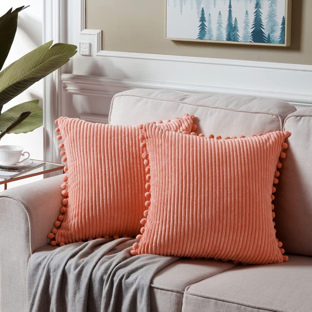 Fancy Homi Pack of 2 Coral Decorative Throw Pillow Covers 20x20 Inch with Pom-poms for Living Room Couch Bedroom, Soft Corduroy Peach Solid Square Cushion Case 50x50 cm, Rustic Farmhouse Home Decor