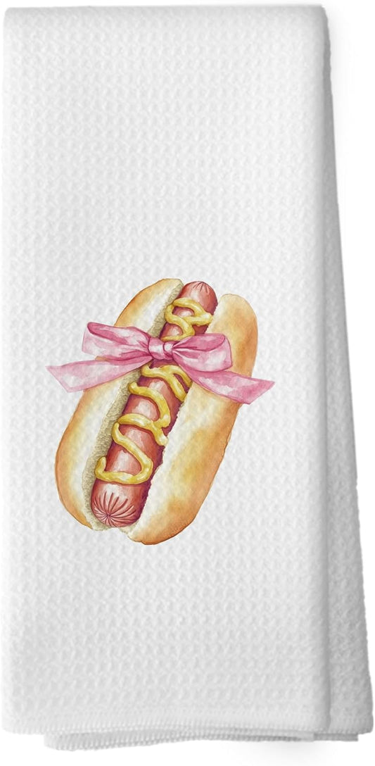 Coquette Bow Hot Dog Kitchen Towels - Pink Preppy Inappropriate Dish Towels Gifts for Girl, Girly Trendy Decorative Absorbent Dishcloths Hand Towel for Kitchen Dorm Decor 16x24 Inches