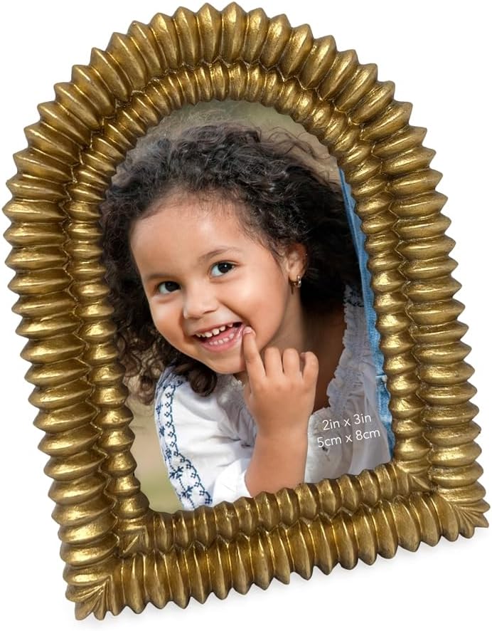 Isaac Jacobs 2x3 Antique Gold Double Bead Arch Photo Frame with Black Fabric Easel, Tabletop, Wall-Mountable, Shelf and Desk, Decorative Art Design, Home Décor (2x3, Antique Gold)