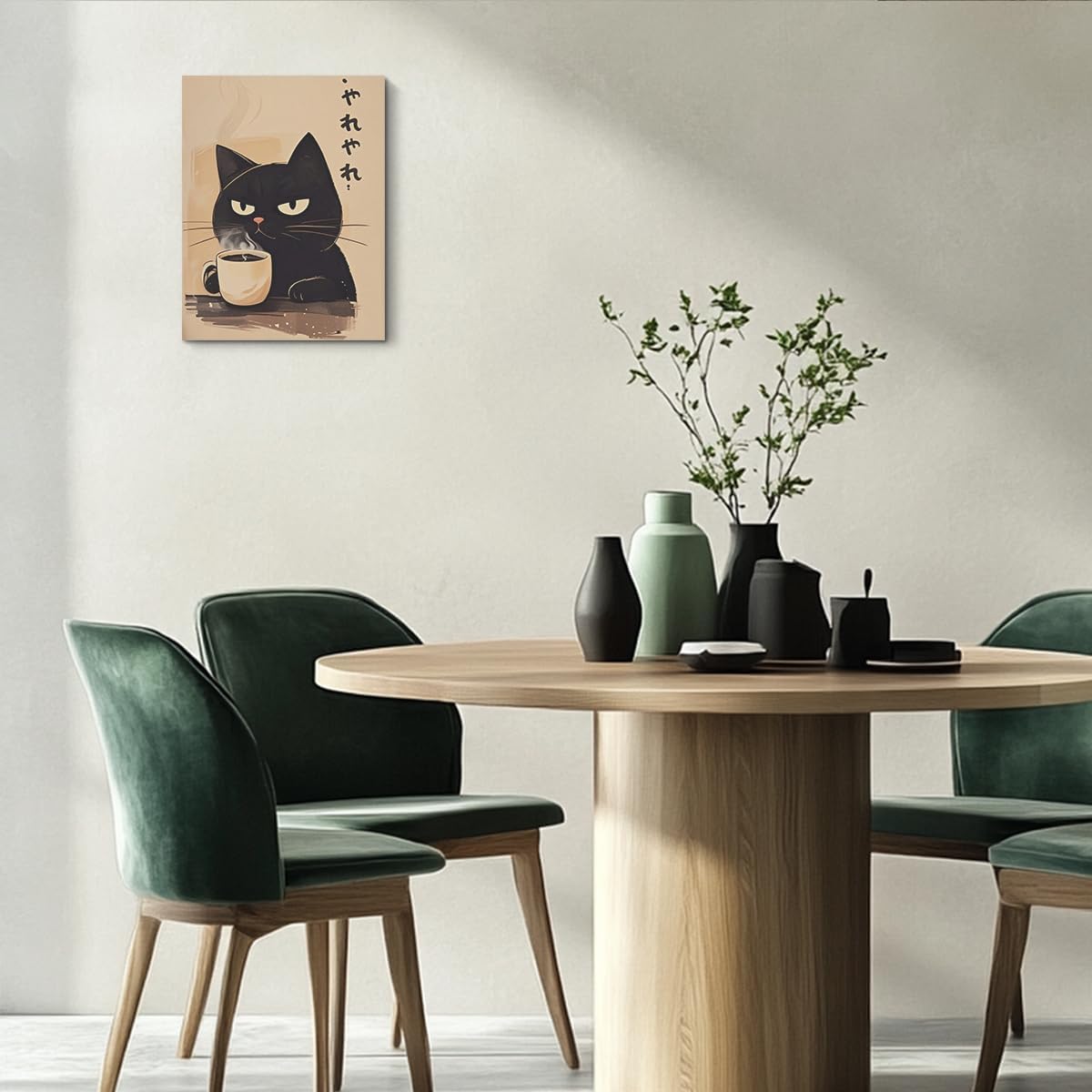 Cute Cat Canvas Wall Art, Minimalist Japanese Cat Drink Coffee Canvas Wall Art, Posters Trendy paintings Aesthetic Decoration, Artwork for Walls Home Living Room Restaurant Kitchen Coffee Bar Decor