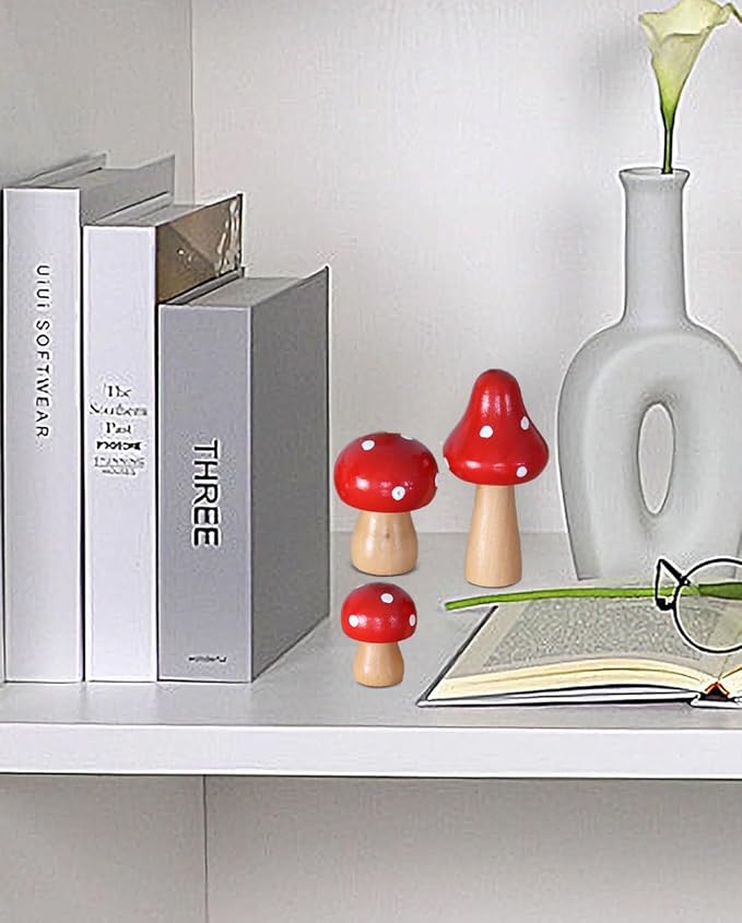 3Pcs Mushroom Decor Wooden Mini Figures Fairy Garden Accessories 2.9in 1.8in 1.2in Cute Miniature Mushrooms Home Decor for Bedroom Office Bonsai Fairy Garden Red