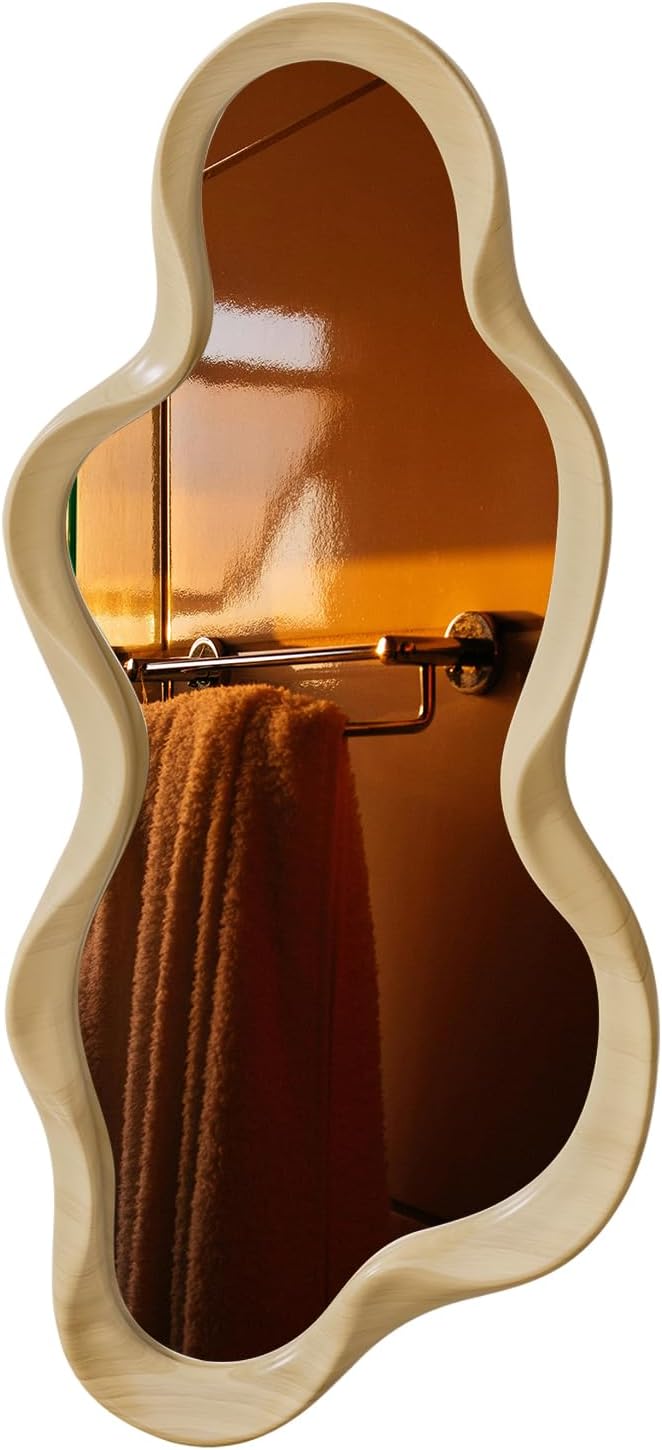 Irregular Wall Mirror, Wooden Framed Wall Asymmetrical Wavy Wall Mirror for Living Room Bedroom Entryway Bathroom Modern Decorative with Hanging Hooks 30x14 Inch