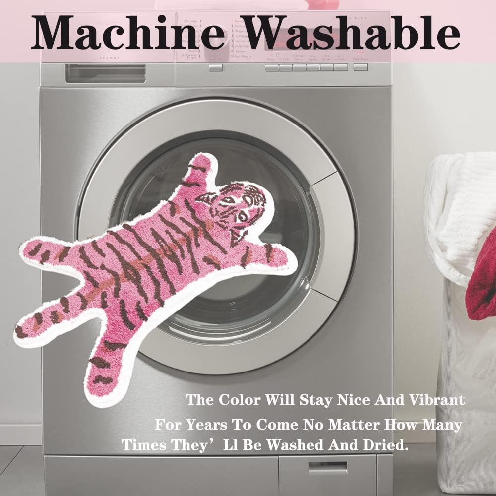 Funny Tiger Bath Mat for Bathroom, Cute Pink Tiger Cartoon Bathroom Rug Non Slip Animal Shaped Absorbent Preppy Small Bathtub Decor Aesthetic Plush Shower Rug Machine Washable 33.1x21.7in