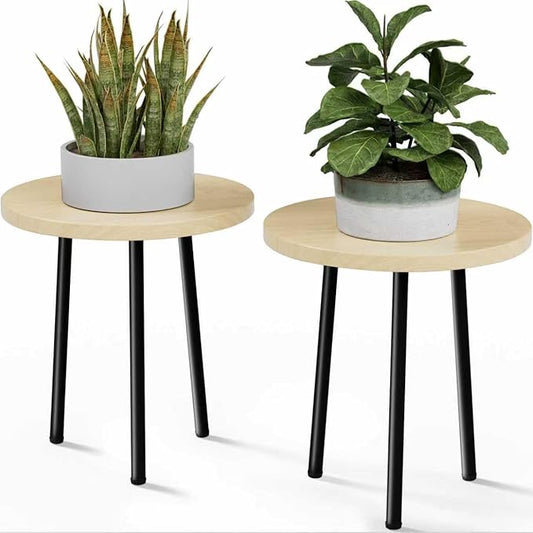 Plant Stand Indoor 14'': Indoor Plant Stand 2 Pack Metal Plant Table - Wood Plant Stool Outdoor Small Round Side End Table Mid Century Modern Decor - Home Decor