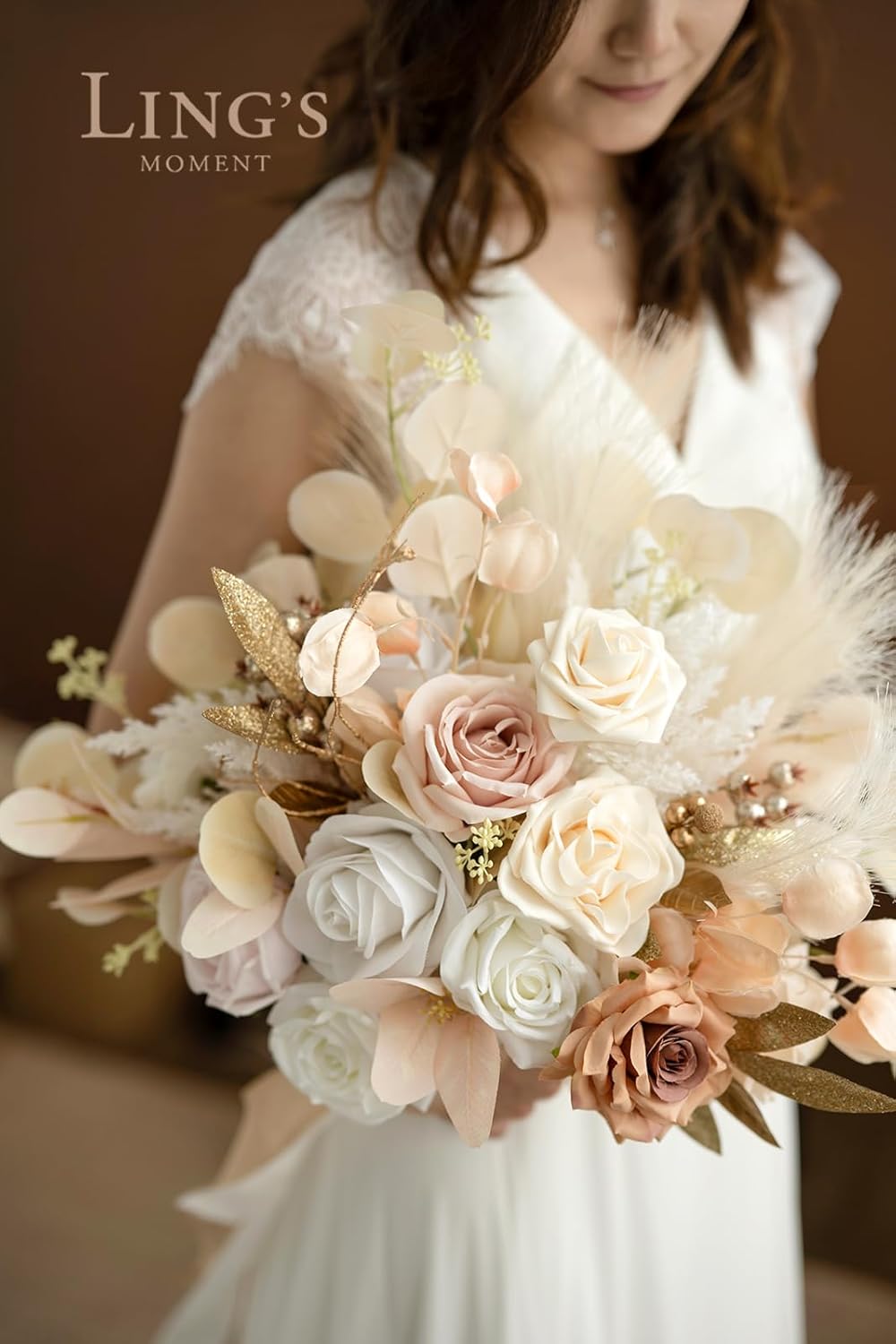 Ling's Moment Boho Wedding Bouquets for Bride, White Beige and Gold Bridal Bouquets for Bride, 15 Inch Free Form Artificial Wedding Flower Bouquet