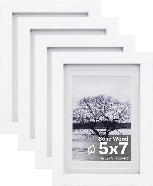 Egofine 5x7 Picture Frames Set of 4, Made of Solid Wood Covered by Plexiglass 3.5x5 and 4x6 with Mat or 5x7 without Mat, for Table Top Display and Wall Mounting Photo Frame White