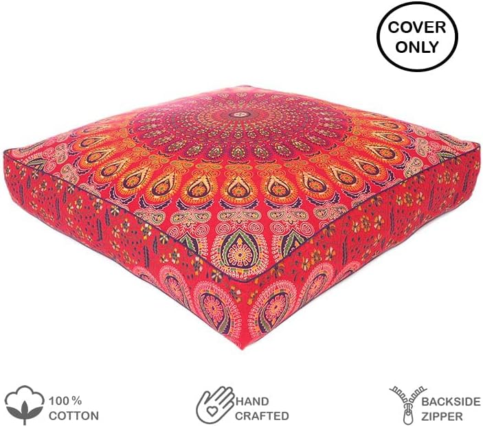 Eyes of India - Mandala Floor Pillow Cover Meditation Cushion Seating Throw Hippie Round Colorful Decorative Bohemian Indian Pouf Ottoman Handmade Cover ONLY (Red, 35" x 35")