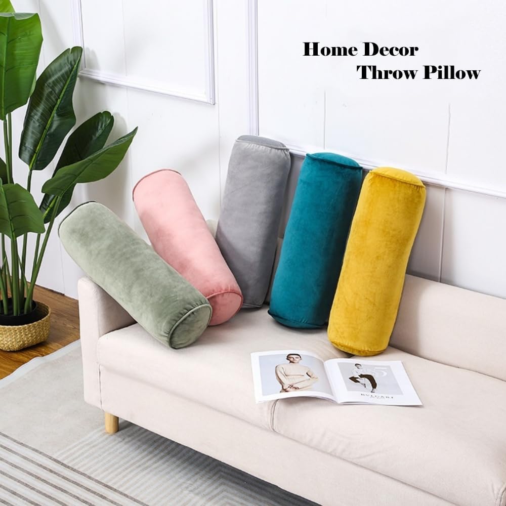 Cylinder Bolster Throw Pillow Roll Neck Pillow Velvet Round Bolster Decorative Throw Pillow for Couch & Bed Cervical Neck Pillow for Neck Home Office Car Decor (Bluegrey)