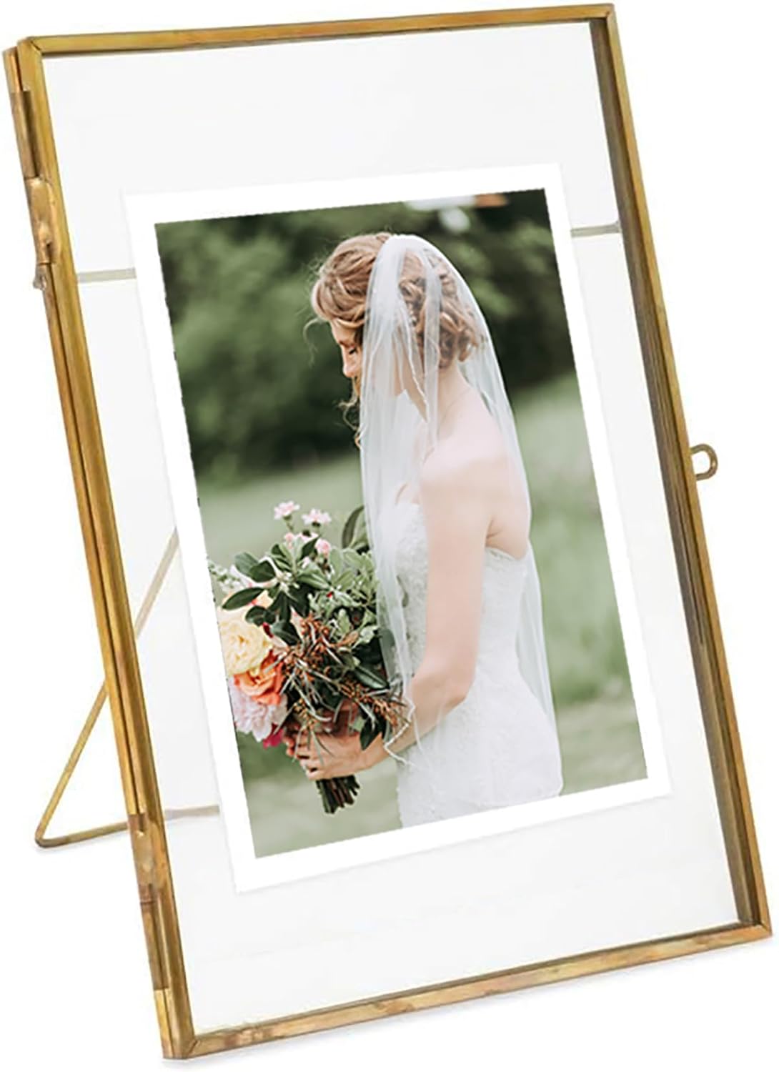 Gold Picture Frame - 4x6 Antique Brass Postcard Picture Frame for Desk - Small Pressed Glass Frame for Pressed Flowers - Floating Vertical… (Gold, 5x7 inches)