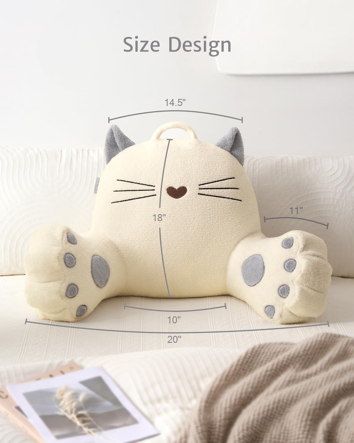 Blissful Diary Kitty Reading Pillow for Kids/Teens/Adults, Back Pillow for Sitting Up in Bed with Shredded Memory Foam, Bed Rest Pillow with Arms, Back Support Pillow with Washable Cover (Off White)