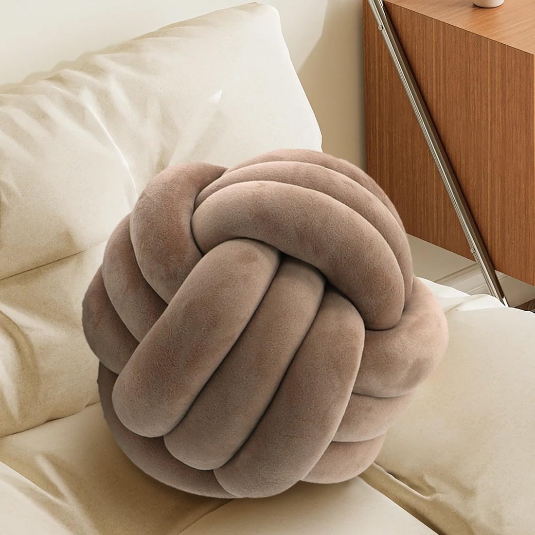 Knot Pillow Ball, Handmade Decorative Throw Pillow, Soft Round Knotted Cushion for Couch & Bedroom, Cute Home Decor, Braided Pillow for Living Room (13.8 Inches, Camel)