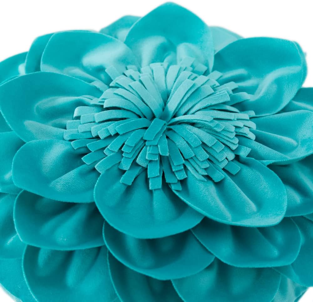 Decorative Throw Pillow 3D Flower Round Pillow Accent Handmade Cushion with Insert for Couch Bed Home Decor 14 Inch Teal