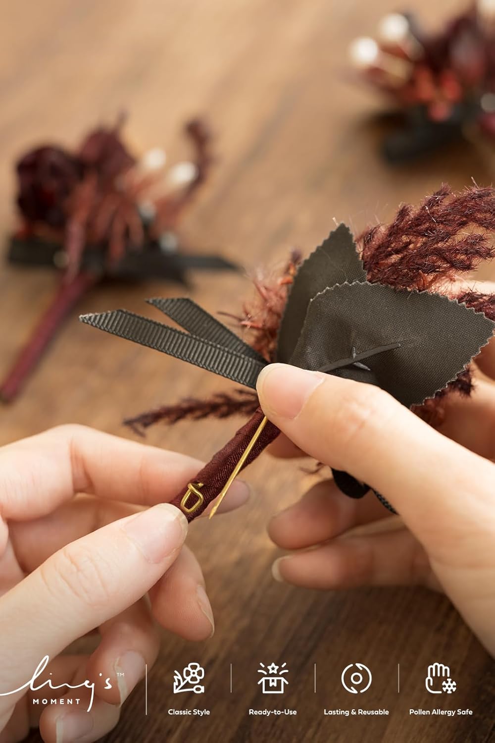 Ling's Moment Boutonniere for Men, 10pcs Groomsmen Guest Boutonniere, Artificial Flowers for Wedding Décor/Prom/Homecoming,etc.Black Gothic Burgundy