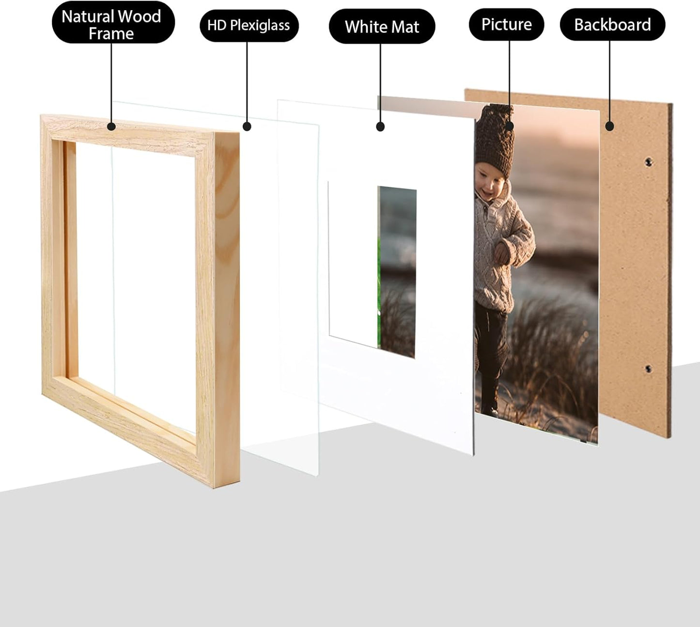 KINLINK 7x7 Picture Frame, Natural Square Solid Wood Frames for Pictures 4x4 with Mat or 7x7 without Mat, Wall and Tabletop Display Photo Frames Natural Wood 4 Pack