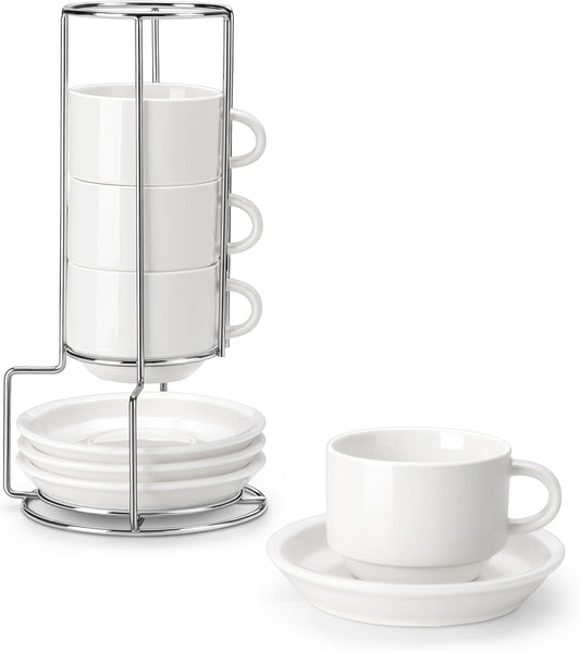 MALACASA 8 OZ Porcelain Espresso Cups with Saucers and Metal Stand Set of 4, Stackable Cappuccino Cups, White Expresso Shots Cup Set for Coffee Drinks, Latte, Tea